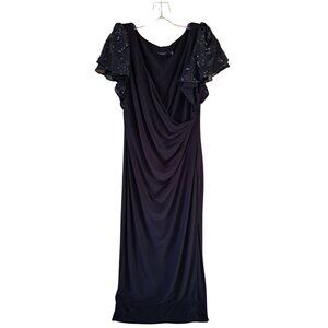 Lauren Ralph Lauren Black Gown Sequined Flutter Sleeves Size 14 Draped  Women's